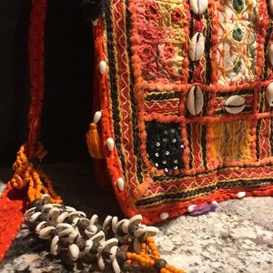 Boho Festival Colorful Cross Body Bag, Embroidered, Shells & Necklace